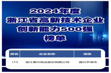 喜報！景興紙業(yè)入選浙江省高新技術(shù)企業(yè)創(chuàng)新能力500強榜單